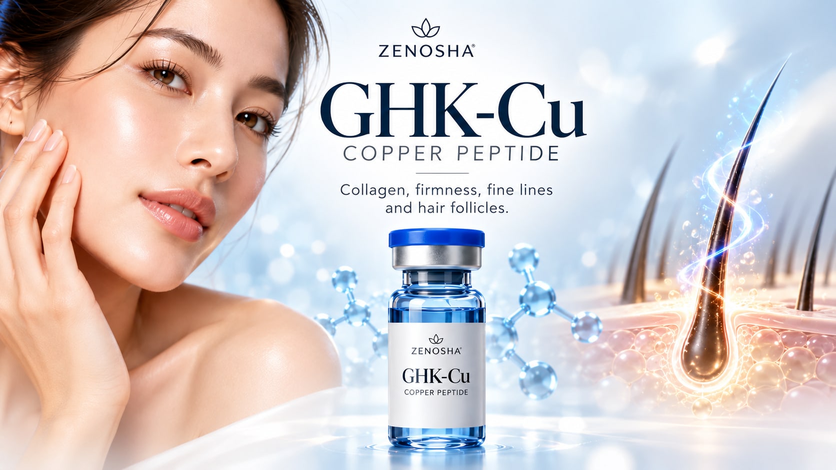 GHK-Cu copper peptide skin research illustration covering collagen, firmness, fine lines and hair follicles