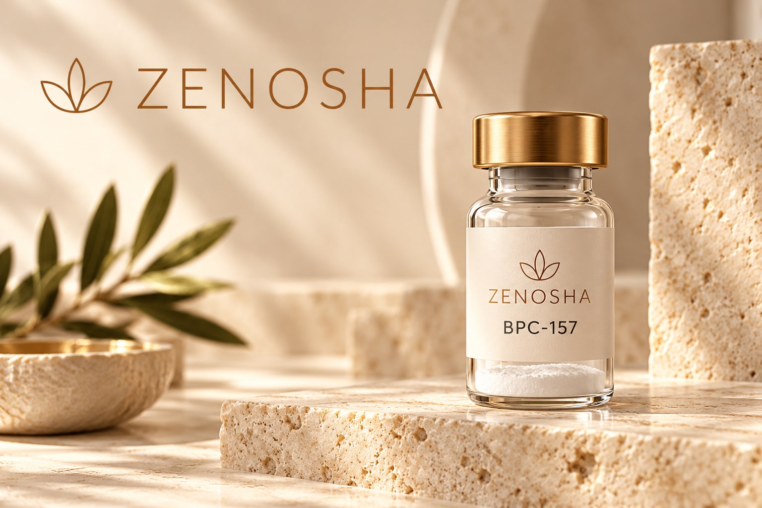 A Zenosha-branded BPC-157 vial with a gold cap, displayed on an ivory stone platform in natural light.
